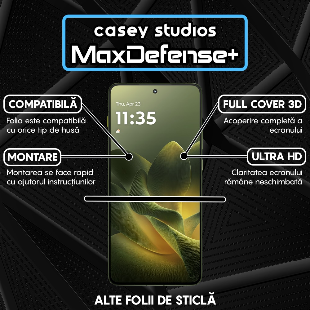 Folie Sticla CASEY STUDIOS™ compatibila cu Motorola Edge 70 Max, Full Cover 3D, Full Glue, Duritate Militara, Ultra HD, Anti Zgarieturi, Anti Amprente, Anti Socuri, Sticla Securizata, Protectie Profesionala Ecran, MaxDefense+, Margini Negre