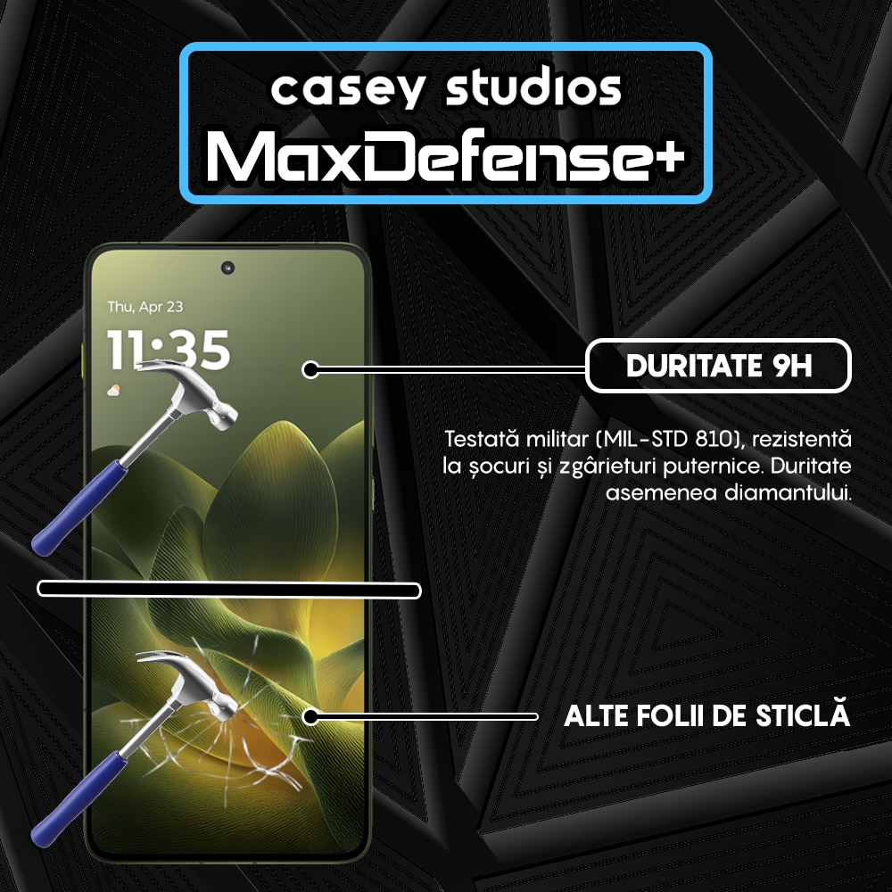 Folie Sticla CASEY STUDIOS™ compatibila cu Motorola Edge 70 Max, Full Cover 3D, Full Glue, Duritate Militara, Ultra HD, Anti Zgarieturi, Anti Amprente, Anti Socuri, Sticla Securizata, Protectie Profesionala Ecran, MaxDefense+, Margini Negre