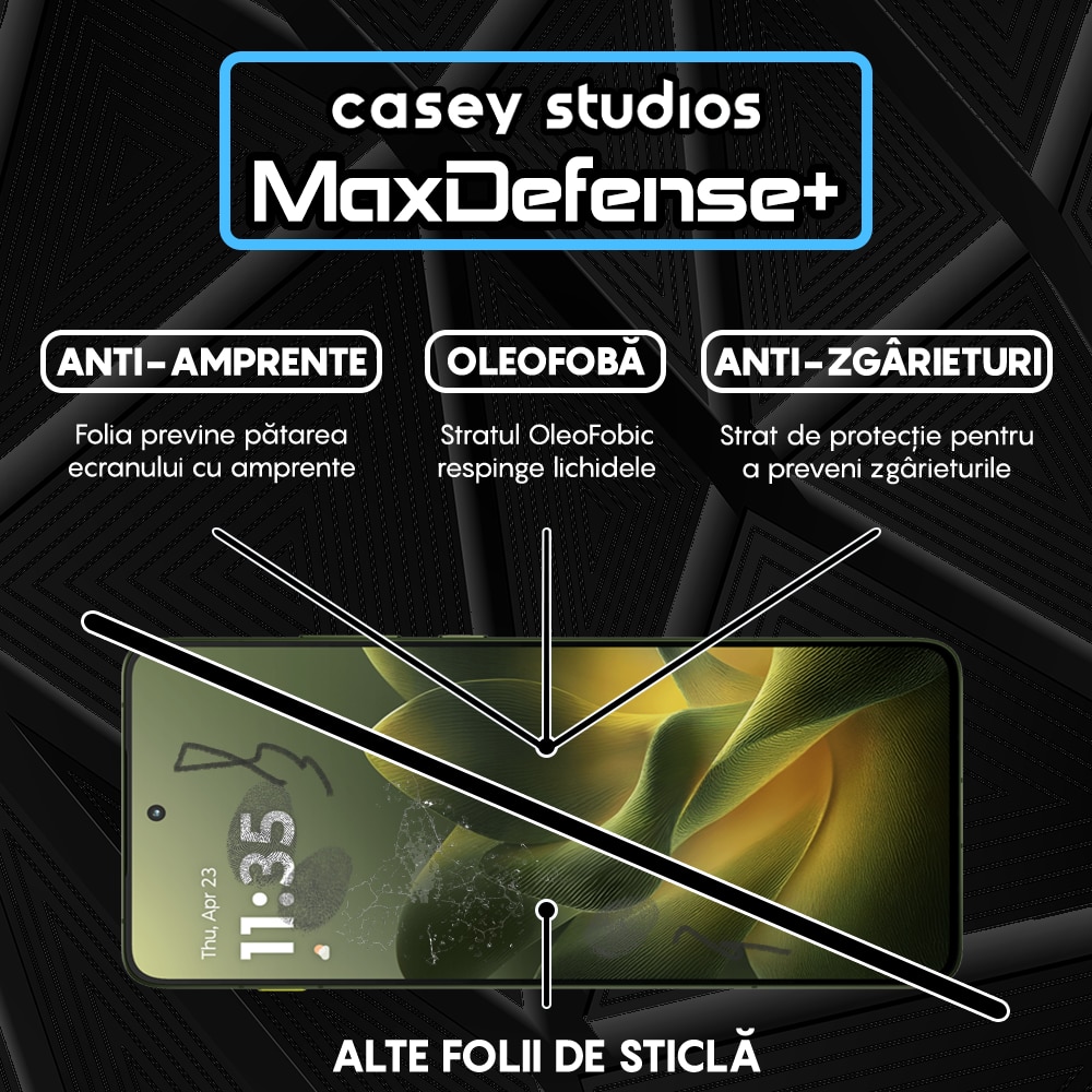 Folie Sticla CASEY STUDIOS™ compatibila cu Motorola Edge 70 Max, Full Cover 3D, Full Glue, Duritate Militara, Ultra HD, Anti Zgarieturi, Anti Amprente, Anti Socuri, Sticla Securizata, Protectie Profesionala Ecran, MaxDefense+, Margini Negre