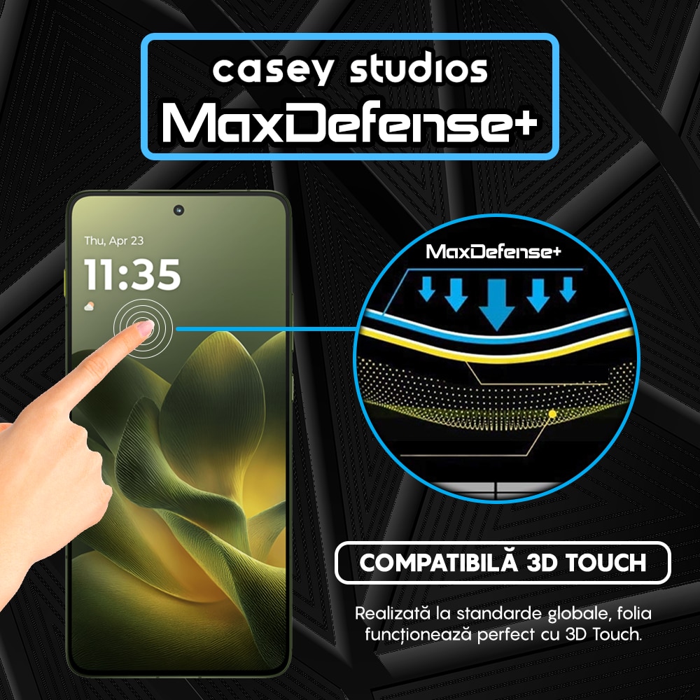 Folie Sticla CASEY STUDIOS™ compatibila cu Motorola Edge 70 Max, Full Cover 3D, Full Glue, Duritate Militara, Ultra HD, Anti Zgarieturi, Anti Amprente, Anti Socuri, Sticla Securizata, Protectie Profesionala Ecran, MaxDefense+, Margini Negre