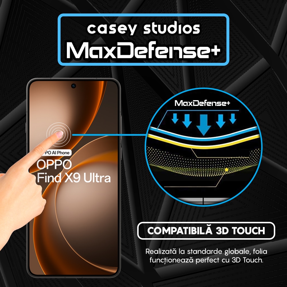 Folie Sticla CASEY STUDIOS™ compatibila cu OPPO Find X9 Ultra, Full Cover 3D, Full Glue, Duritate Militara, Ultra HD, Anti Zgarieturi, Anti Amprente, Anti Socuri, Sticla Securizata, Protectie Profesionala Ecran, MaxDefense+, Margini Negre