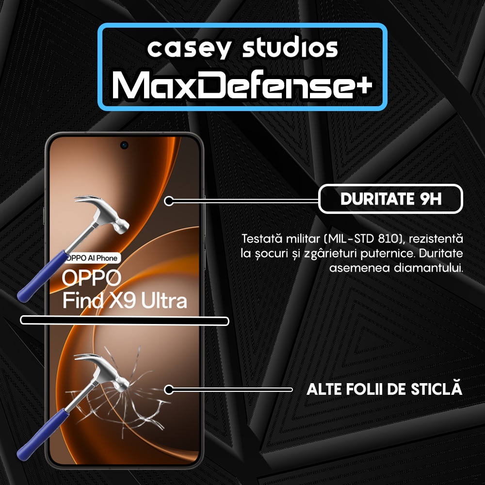 Folie Sticla CASEY STUDIOS™ compatibila cu OPPO Find X9 Ultra, Full Cover 3D, Full Glue, Duritate Militara, Ultra HD, Anti Zgarieturi, Anti Amprente, Anti Socuri, Sticla Securizata, Protectie Profesionala Ecran, MaxDefense+, Margini Negre