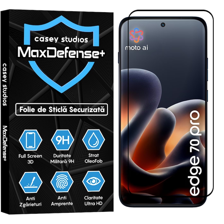 Folie Sticla CASEY STUDIOS™ compatibila cu Motorola Edge 70 Pro, Full Cover 3D, Full Glue, Duritate Militara, Ultra HD, Anti Zgarieturi, Anti Amprente, Anti Socuri, Sticla Securizata, Protectie Profesionala Ecran, MaxDefense+, Margini Negre