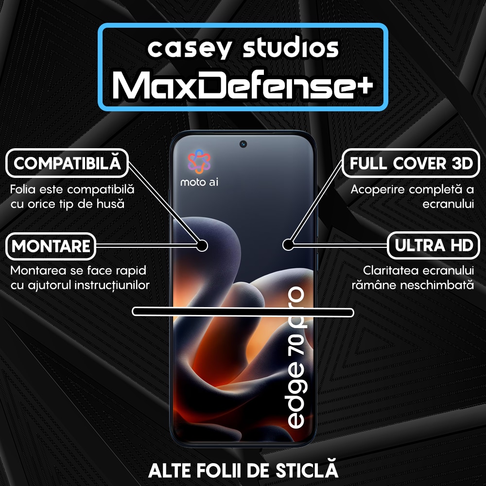 Folie Sticla CASEY STUDIOS™ compatibila cu Motorola Edge 70 Pro, Full Cover 3D, Full Glue, Duritate Militara, Ultra HD, Anti Zgarieturi, Anti Amprente, Anti Socuri, Sticla Securizata, Protectie Profesionala Ecran, MaxDefense+, Margini Negre
