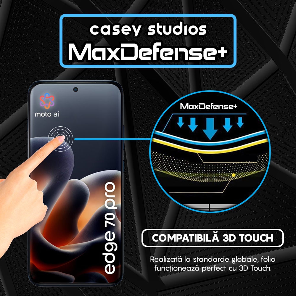 Folie Sticla CASEY STUDIOS™ compatibila cu Motorola Edge 70 Pro, Full Cover 3D, Full Glue, Duritate Militara, Ultra HD, Anti Zgarieturi, Anti Amprente, Anti Socuri, Sticla Securizata, Protectie Profesionala Ecran, MaxDefense+, Margini Negre