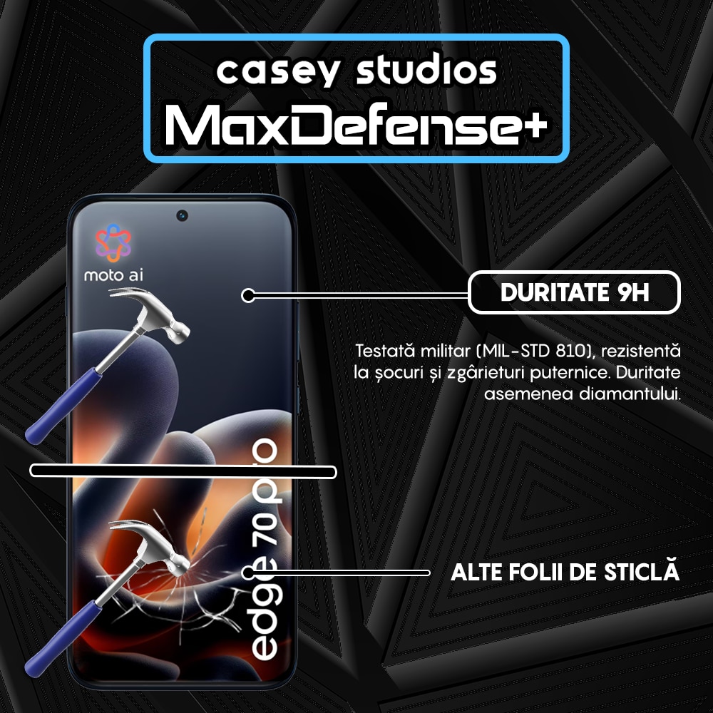 Folie Sticla CASEY STUDIOS™ compatibila cu Motorola Edge 70 Pro, Full Cover 3D, Full Glue, Duritate Militara, Ultra HD, Anti Zgarieturi, Anti Amprente, Anti Socuri, Sticla Securizata, Protectie Profesionala Ecran, MaxDefense+, Margini Negre