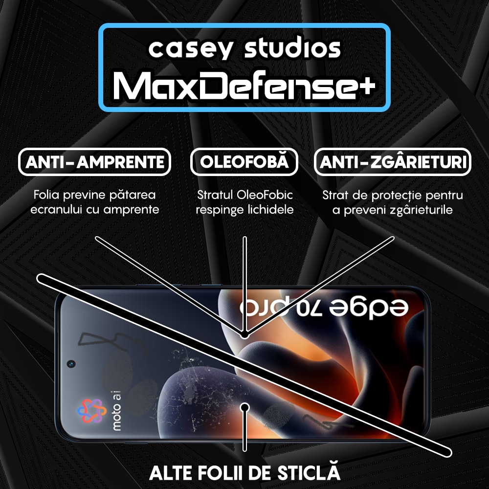 Folie Sticla CASEY STUDIOS™ compatibila cu Motorola Edge 70 Pro, Full Cover 3D, Full Glue, Duritate Militara, Ultra HD, Anti Zgarieturi, Anti Amprente, Anti Socuri, Sticla Securizata, Protectie Profesionala Ecran, MaxDefense+, Margini Negre