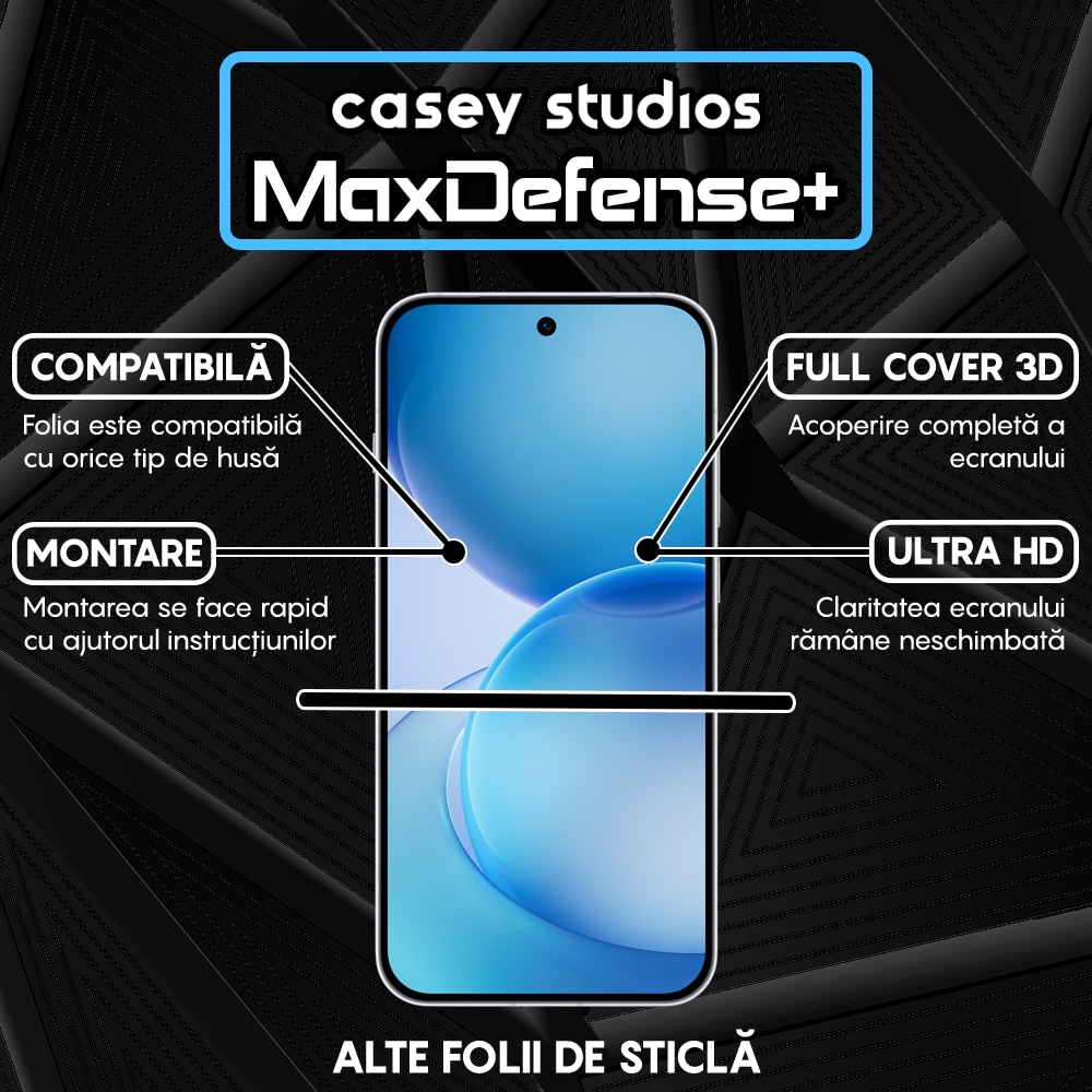 Folie Sticla CASEY STUDIOS™ compatibila cu OPPO Reno16 5G, Full Cover 3D, Full Glue, Duritate Militara, Ultra HD, Anti Zgarieturi, Anti Amprente, Anti Socuri, Sticla Securizata, Protectie Profesionala Ecran, MaxDefense+, Margini Negre
