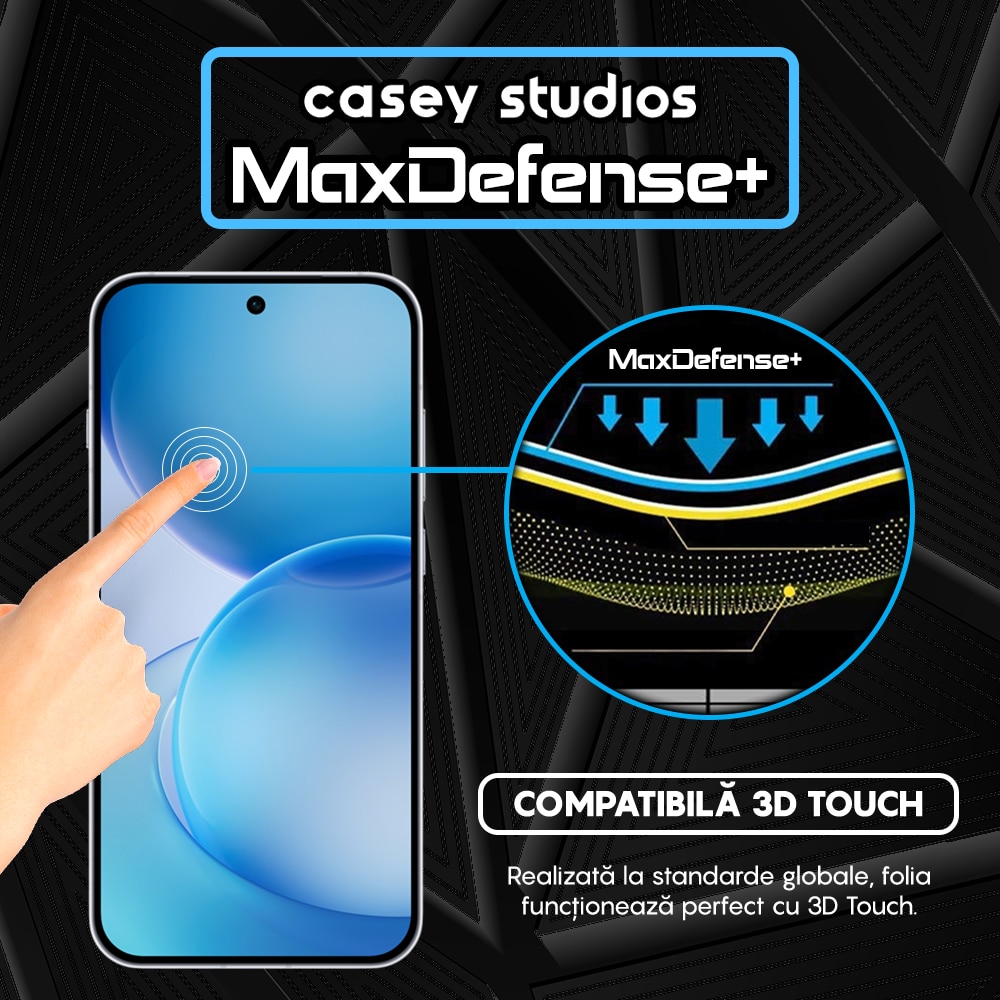 Folie Sticla CASEY STUDIOS™ compatibila cu OPPO Reno16 5G, Full Cover 3D, Full Glue, Duritate Militara, Ultra HD, Anti Zgarieturi, Anti Amprente, Anti Socuri, Sticla Securizata, Protectie Profesionala Ecran, MaxDefense+, Margini Negre