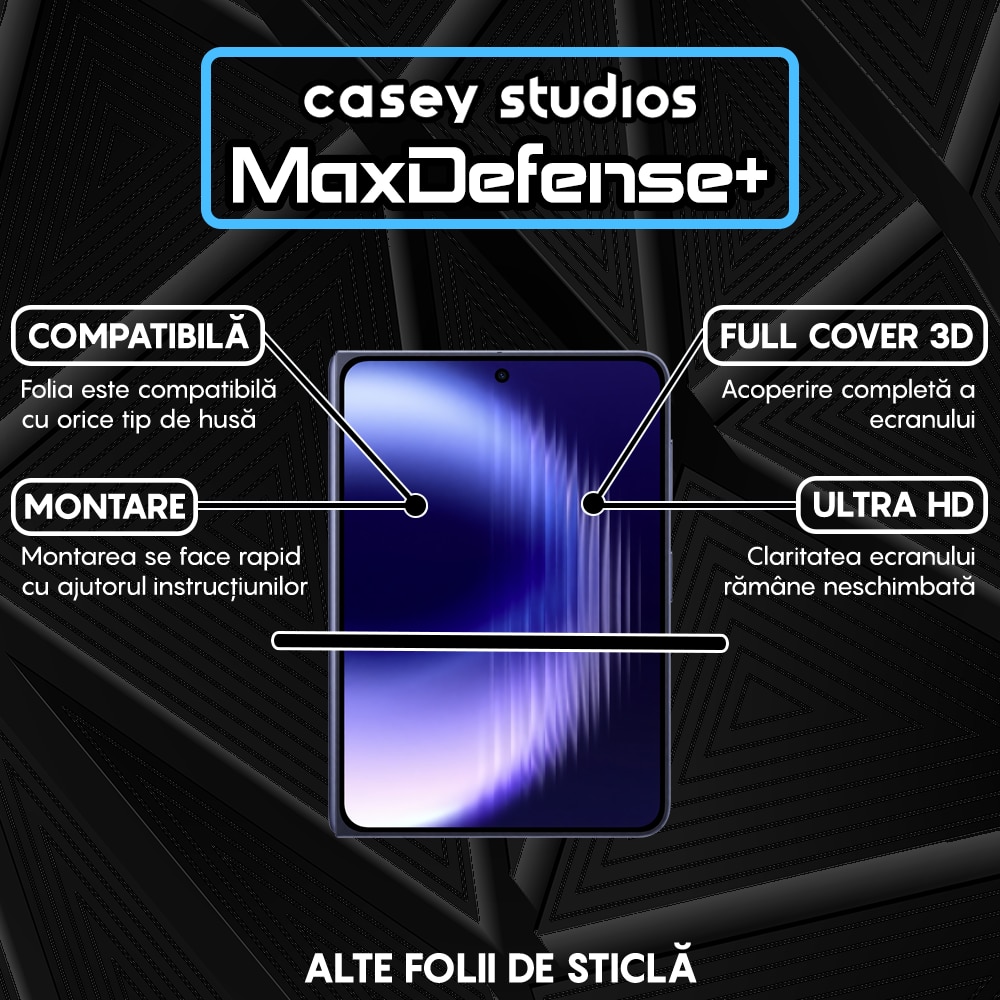 Folie Sticla CASEY STUDIOS™ compatibila cu Huawei Pura X Max, Full Cover 3D, Full Glue, Duritate Militara, Ultra HD, Anti Zgarieturi, Anti Amprente, Anti Socuri, Sticla Securizata, Protectie Profesionala Ecran, MaxDefense+, Margini Negre