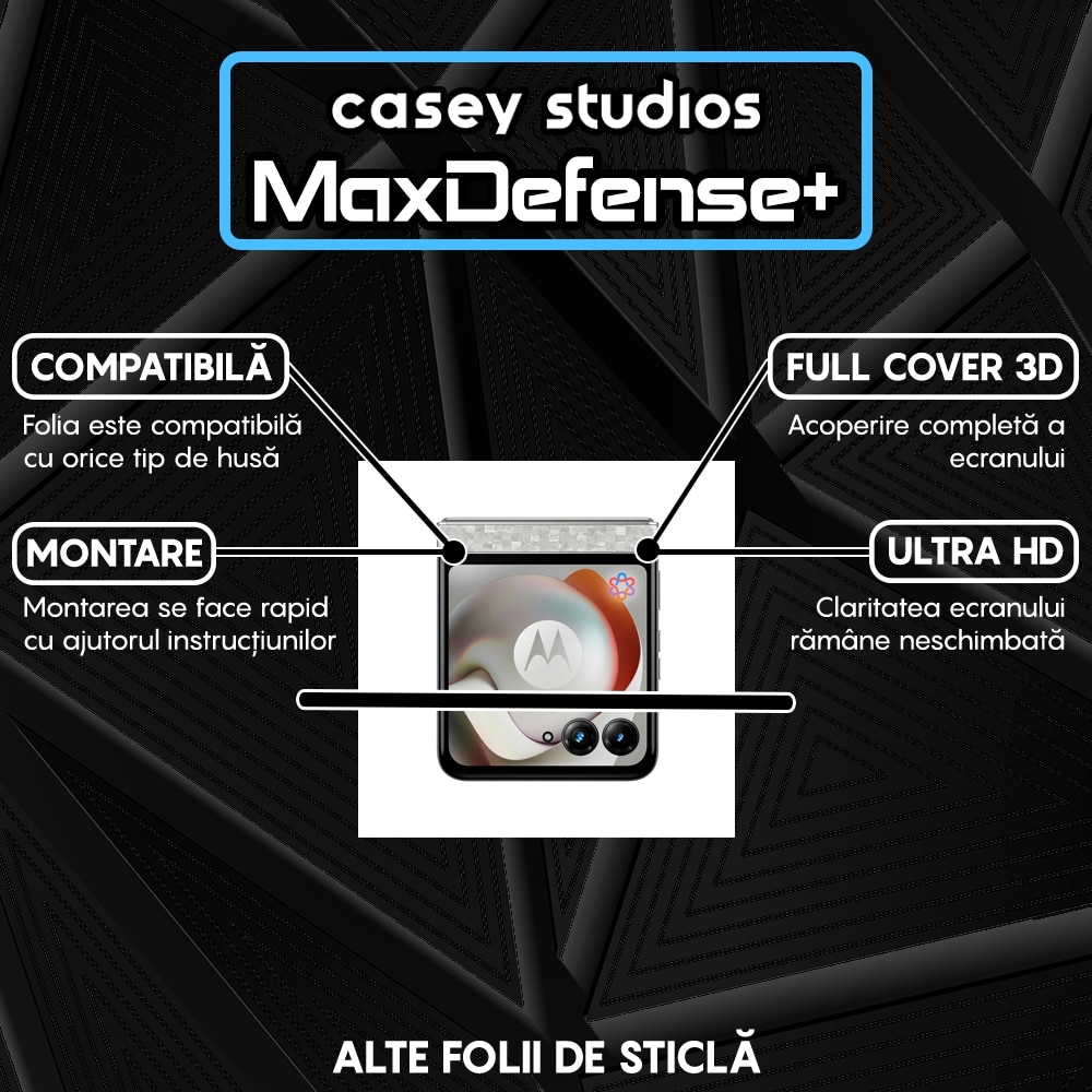 Folie Sticla CASEY STUDIOS™ compatibila cu Motorola Razr 70, Full Cover 3D, Full Glue, Duritate Militara, Ultra HD, Anti Zgarieturi, Anti Amprente, Anti Socuri, Sticla Securizata, Protectie Profesionala Ecran, MaxDefense+, Margini Negre