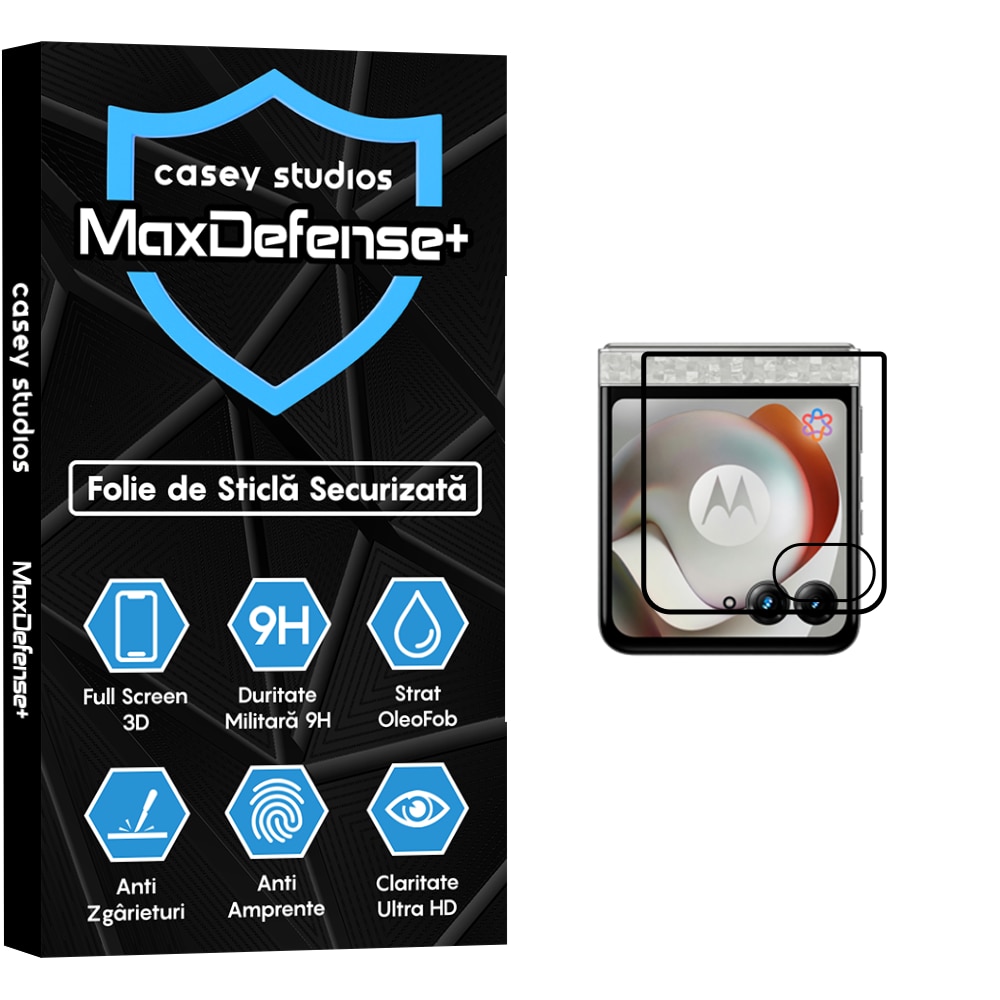 Folie Sticla CASEY STUDIOS™ compatibila cu Motorola Razr 70, Full Cover 3D, Full Glue, Duritate Militara, Ultra HD, Anti Zgarieturi, Anti Amprente, Anti Socuri, Sticla Securizata, Protectie Profesionala Ecran, MaxDefense+, Margini Negre