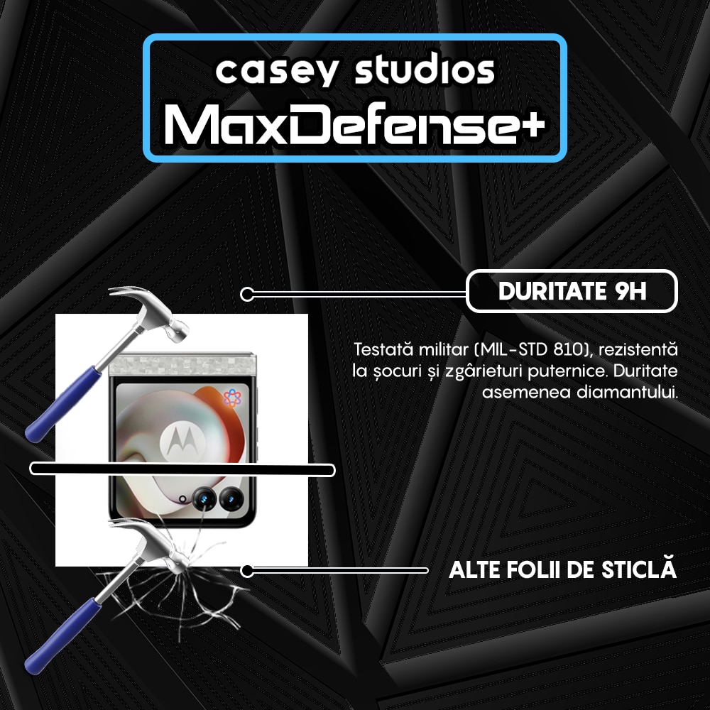 Folie Sticla CASEY STUDIOS™ compatibila cu Motorola Razr 70, Full Cover 3D, Full Glue, Duritate Militara, Ultra HD, Anti Zgarieturi, Anti Amprente, Anti Socuri, Sticla Securizata, Protectie Profesionala Ecran, MaxDefense+, Margini Negre