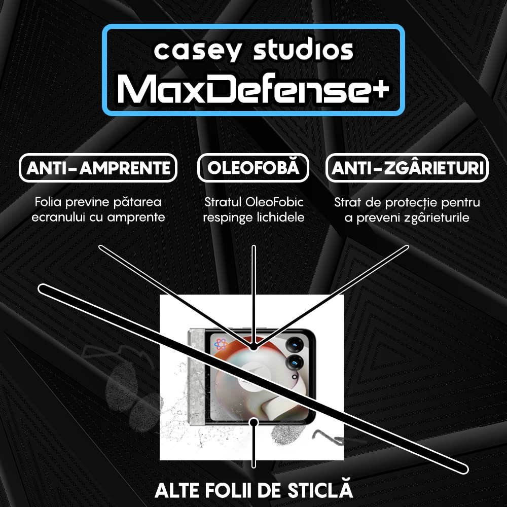 Folie Sticla CASEY STUDIOS™ compatibila cu Motorola Razr 70, Full Cover 3D, Full Glue, Duritate Militara, Ultra HD, Anti Zgarieturi, Anti Amprente, Anti Socuri, Sticla Securizata, Protectie Profesionala Ecran, MaxDefense+, Margini Negre