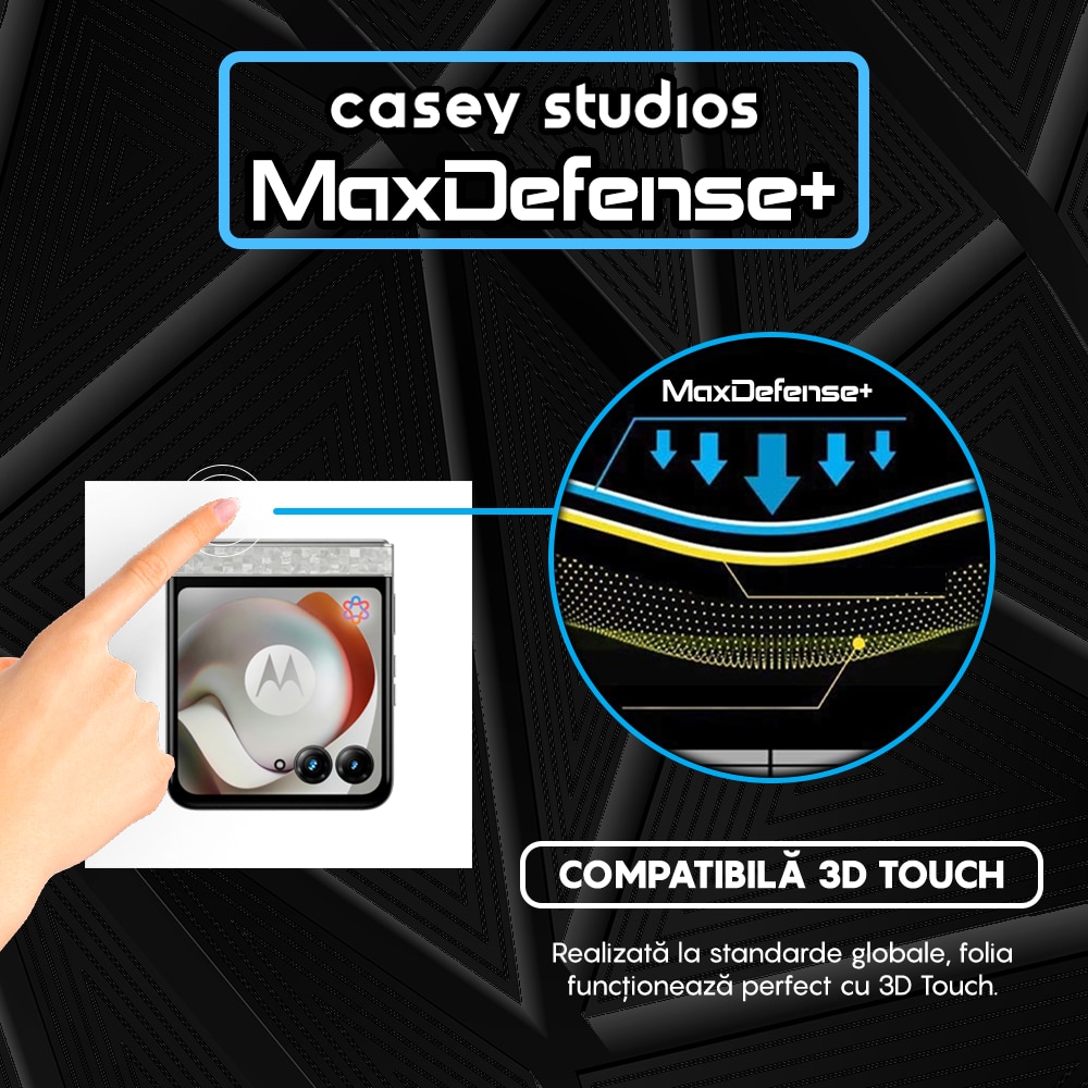 Folie Sticla CASEY STUDIOS™ compatibila cu Motorola Razr 70, Full Cover 3D, Full Glue, Duritate Militara, Ultra HD, Anti Zgarieturi, Anti Amprente, Anti Socuri, Sticla Securizata, Protectie Profesionala Ecran, MaxDefense+, Margini Negre