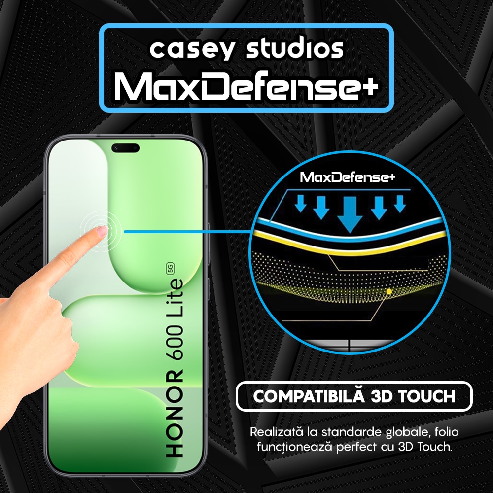 Folie Sticla CASEY STUDIOS™ compatibila cu Honor 600 Lite, Full Cover 3D, Full Glue, Duritate Militara, Ultra HD, Anti Zgarieturi, Anti Amprente, Anti Socuri, Sticla Securizata, Protectie Profesionala Ecran, MaxDefense+, Margini Negre