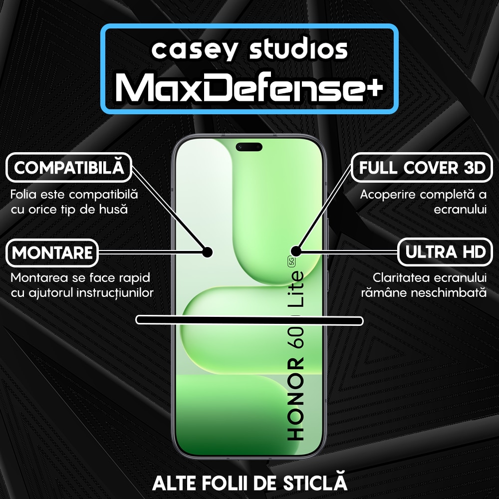 Folie Sticla CASEY STUDIOS™ compatibila cu Honor 600 Lite, Full Cover 3D, Full Glue, Duritate Militara, Ultra HD, Anti Zgarieturi, Anti Amprente, Anti Socuri, Sticla Securizata, Protectie Profesionala Ecran, MaxDefense+, Margini Negre
