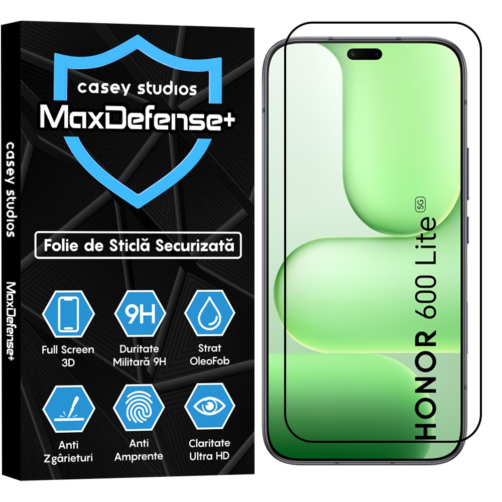 Folie Sticla CASEY STUDIOS™ compatibila cu Honor 600 Lite, Full Cover 3D, Full Glue, Duritate Militara, Ultra HD, Anti Zgarieturi, Anti Amprente, Anti Socuri, Sticla Securizata, Protectie Profesionala Ecran, MaxDefense+, Margini Negre