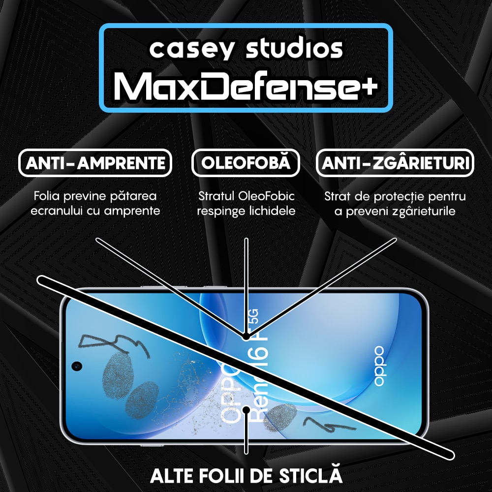 Folie Sticla CASEY STUDIOS™ compatibila cu OPPO Reno16 F 5G, Full Cover 3D, Full Glue, Duritate Militara, Ultra HD, Anti Zgarieturi, Anti Amprente, Anti Socuri, Sticla Securizata, Protectie Profesionala Ecran, MaxDefense+, Margini Negre