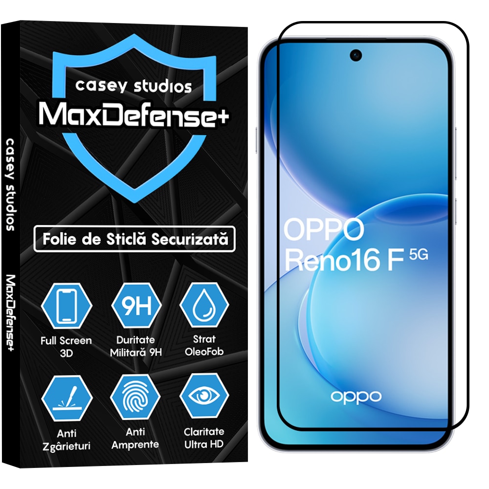 Folie Sticla CASEY STUDIOS™ compatibila cu OPPO Reno16 F 5G, Full Cover 3D, Full Glue, Duritate Militara, Ultra HD, Anti Zgarieturi, Anti Amprente, Anti Socuri, Sticla Securizata, Protectie Profesionala Ecran, MaxDefense+, Margini Negre