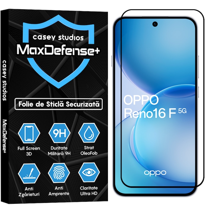 Folie Sticla CASEY STUDIOS™ compatibila cu OPPO Reno16 F 5G, Full Cover 3D, Full Glue, Duritate Militara, Ultra HD, Anti Zgarieturi, Anti Amprente, Anti Socuri, Sticla Securizata, Protectie Profesionala Ecran, MaxDefense+, Margini Negre