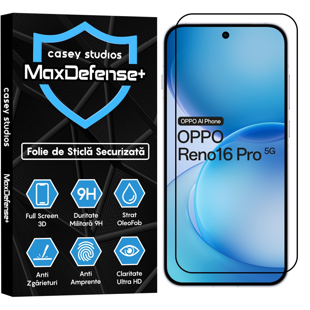 Folie Sticla CASEY STUDIOS™ compatibila cu OPPO Reno16 Pro 5G, Full Cover 3D, Full Glue, Duritate Militara, Ultra HD, Anti Zgarieturi, Anti Amprente, Anti Socuri, Sticla Securizata, Protectie Profesionala Ecran, MaxDefense+, Margini Negre