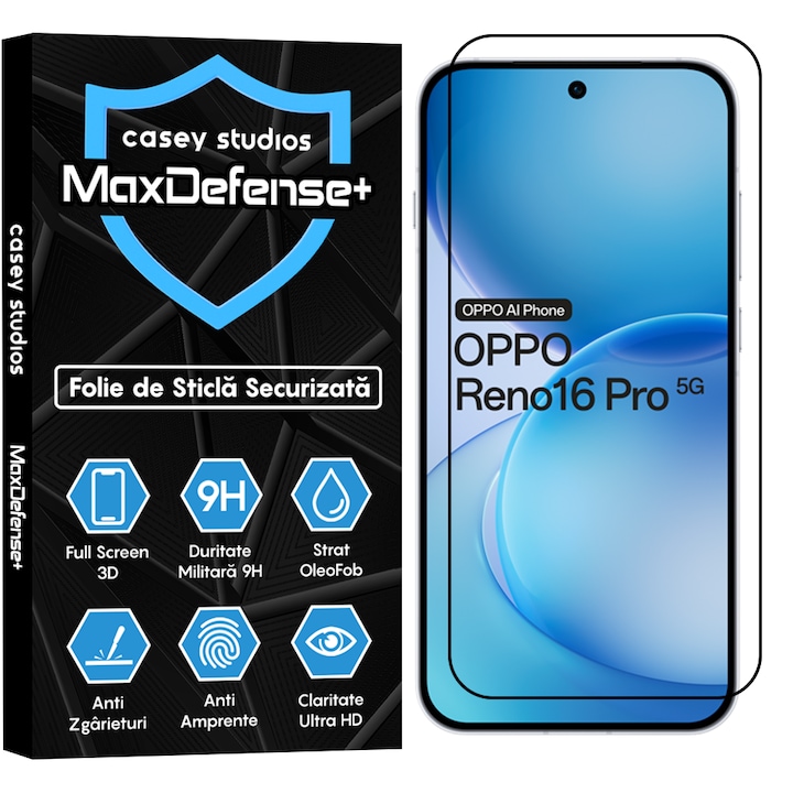 Folie Sticla CASEY STUDIOS™ compatibila cu OPPO Reno16 Pro 5G, Full Cover 3D, Full Glue, Duritate Militara, Ultra HD, Anti Zgarieturi, Anti Amprente, Anti Socuri, Sticla Securizata, Protectie Profesionala Ecran, MaxDefense+, Margini Negre