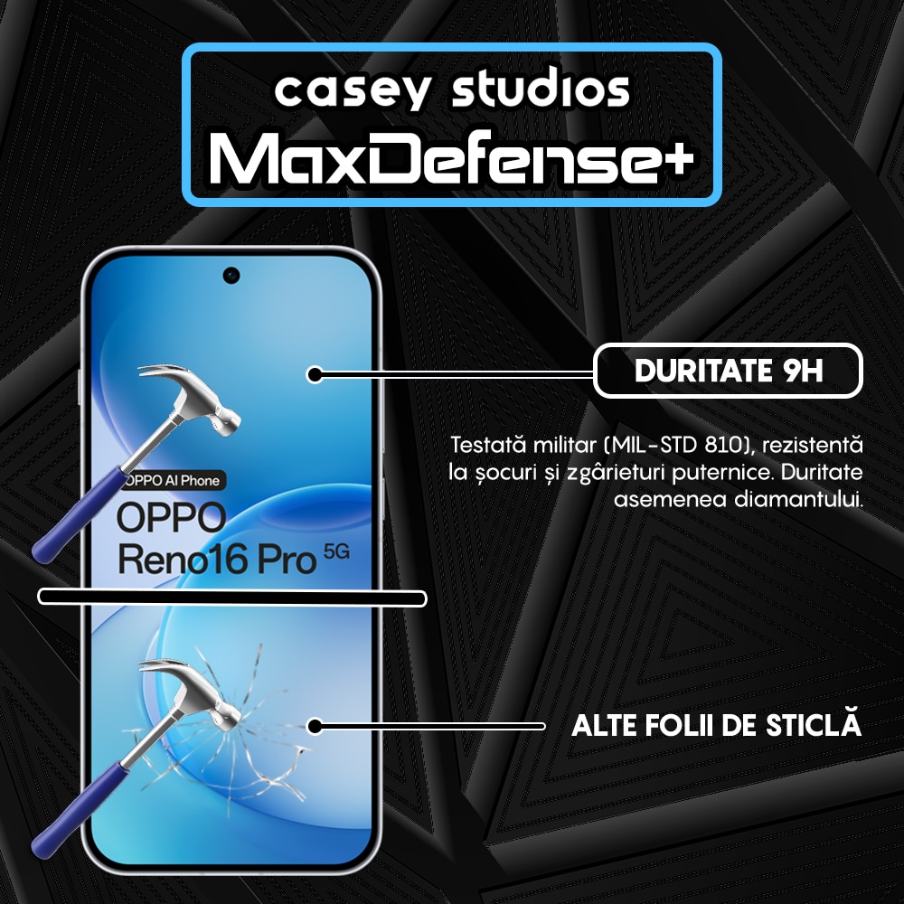 Folie Sticla CASEY STUDIOS™ compatibila cu OPPO Reno16 Pro 5G, Full Cover 3D, Full Glue, Duritate Militara, Ultra HD, Anti Zgarieturi, Anti Amprente, Anti Socuri, Sticla Securizata, Protectie Profesionala Ecran, MaxDefense+, Margini Negre