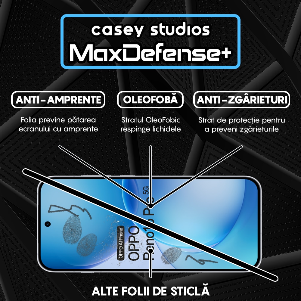 Folie Sticla CASEY STUDIOS™ compatibila cu OPPO Reno16 Pro 5G, Full Cover 3D, Full Glue, Duritate Militara, Ultra HD, Anti Zgarieturi, Anti Amprente, Anti Socuri, Sticla Securizata, Protectie Profesionala Ecran, MaxDefense+, Margini Negre