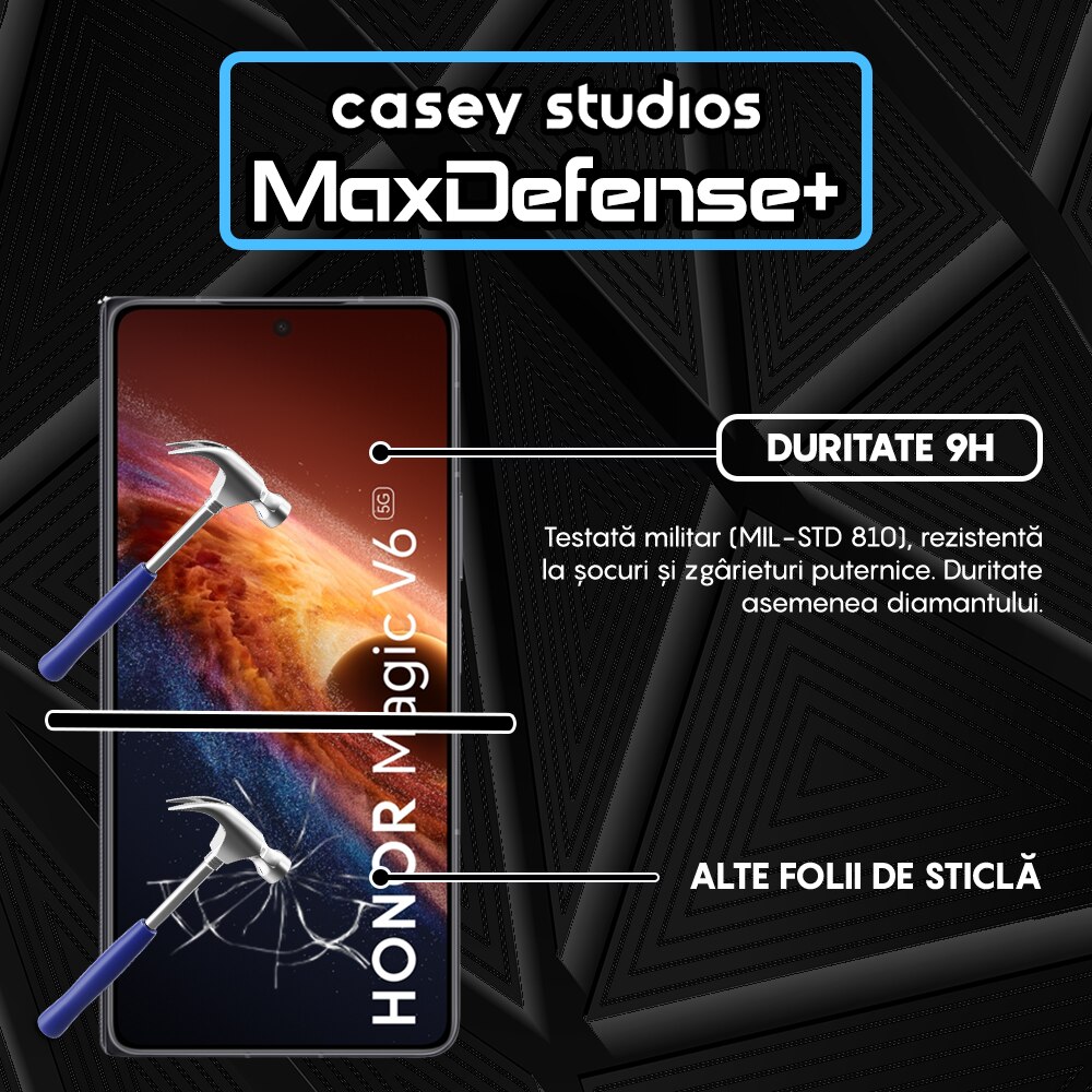 Folie Sticla CASEY STUDIOS™ compatibila cu Honor Magic V6, Full Cover 3D, Full Glue, Duritate Militara, Ultra HD, Anti Zgarieturi, Anti Amprente, Anti Socuri, Sticla Securizata, Protectie Profesionala Ecran, MaxDefense+, Margini Negre