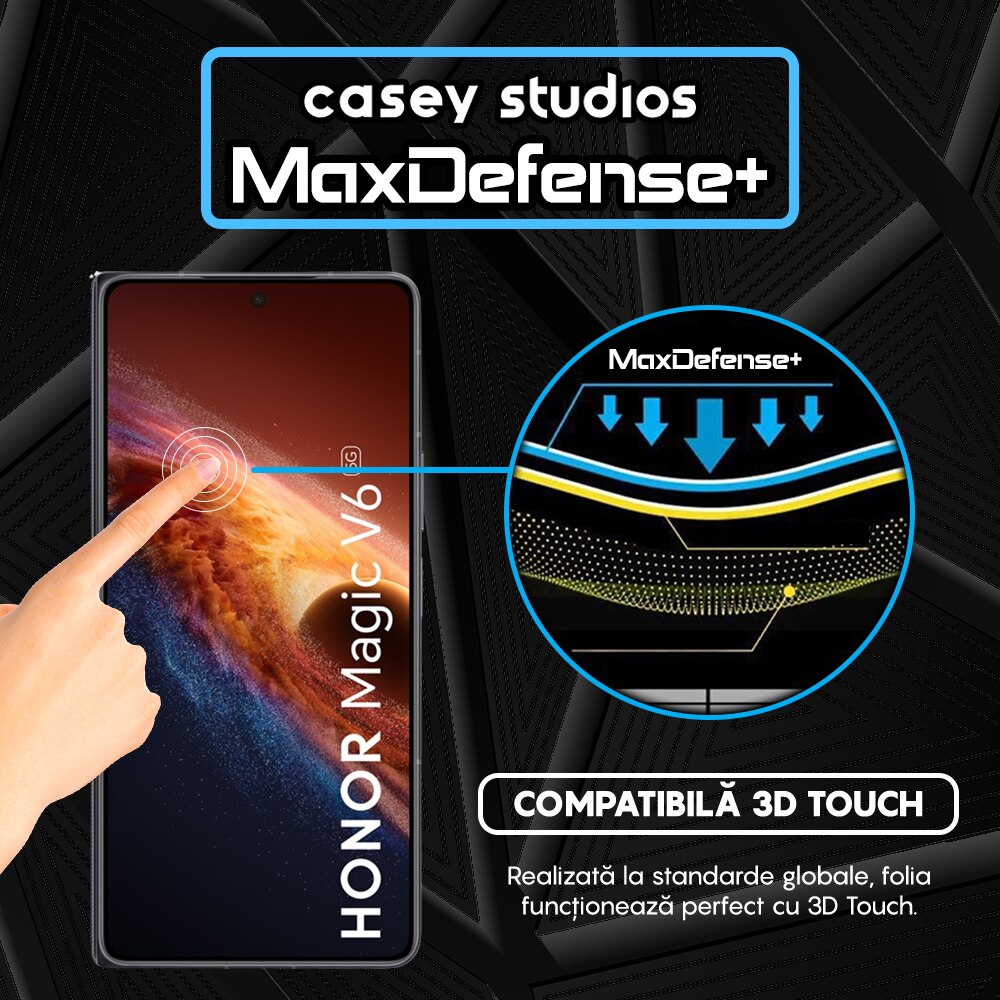 Folie Sticla CASEY STUDIOS™ compatibila cu Honor Magic V6, Full Cover 3D, Full Glue, Duritate Militara, Ultra HD, Anti Zgarieturi, Anti Amprente, Anti Socuri, Sticla Securizata, Protectie Profesionala Ecran, MaxDefense+, Margini Negre