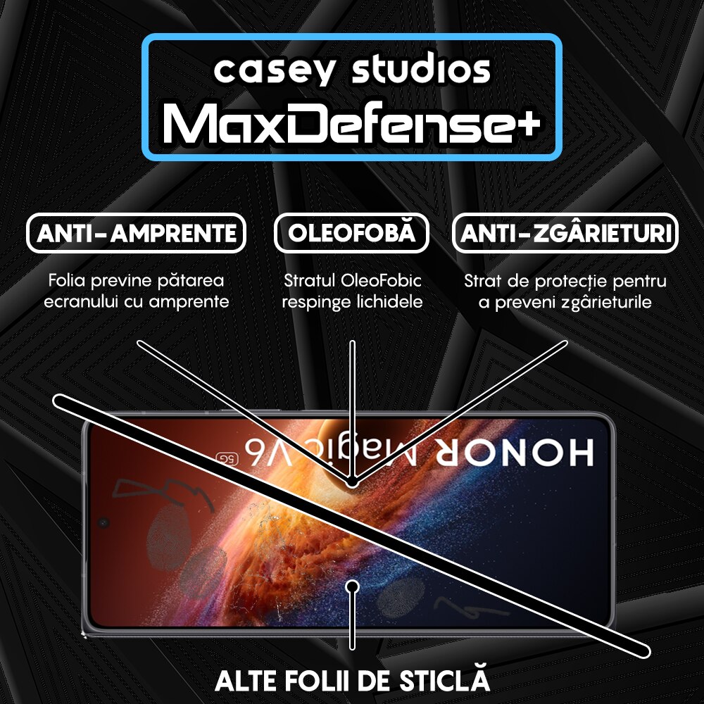 Folie Sticla CASEY STUDIOS™ compatibila cu Honor Magic V6, Full Cover 3D, Full Glue, Duritate Militara, Ultra HD, Anti Zgarieturi, Anti Amprente, Anti Socuri, Sticla Securizata, Protectie Profesionala Ecran, MaxDefense+, Margini Negre