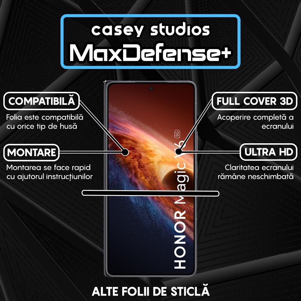 Folie Sticla CASEY STUDIOS™ compatibila cu Honor Magic V6, Full Cover 3D, Full Glue, Duritate Militara, Ultra HD, Anti Zgarieturi, Anti Amprente, Anti Socuri, Sticla Securizata, Protectie Profesionala Ecran, MaxDefense+, Margini Negre
