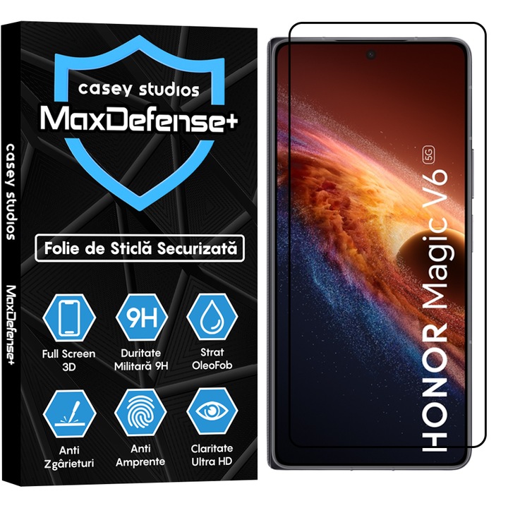 Folie Sticla CASEY STUDIOS™ compatibila cu Honor Magic V6, Full Cover 3D, Full Glue, Duritate Militara, Ultra HD, Anti Zgarieturi, Anti Amprente, Anti Socuri, Sticla Securizata, Protectie Profesionala Ecran, MaxDefense+, Margini Negre
