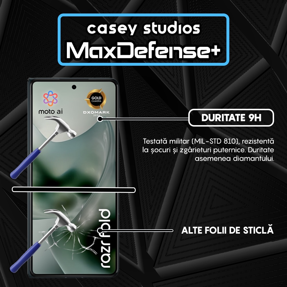 Folie Sticla CASEY STUDIOS™ compatibila cu Motorola Razr Fold, Full Cover 3D, Full Glue, Duritate Militara, Ultra HD, Anti Zgarieturi, Anti Amprente, Anti Socuri, Sticla Securizata, Protectie Profesionala Ecran, MaxDefense+, Margini Negre