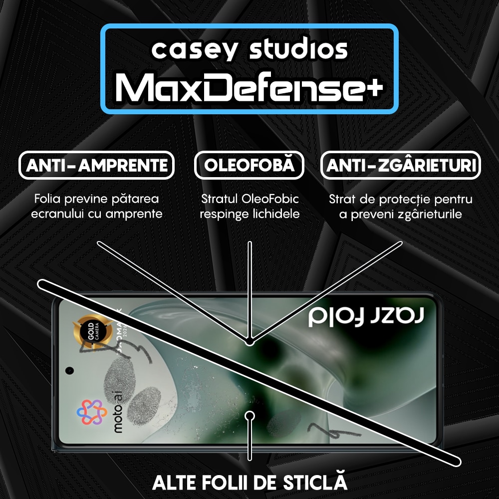 Folie Sticla CASEY STUDIOS™ compatibila cu Motorola Razr Fold, Full Cover 3D, Full Glue, Duritate Militara, Ultra HD, Anti Zgarieturi, Anti Amprente, Anti Socuri, Sticla Securizata, Protectie Profesionala Ecran, MaxDefense+, Margini Negre