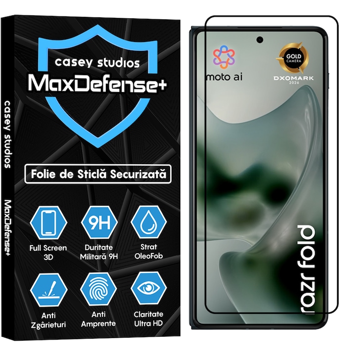 Folie Sticla CASEY STUDIOS™ compatibila cu Motorola Razr Fold, Full Cover 3D, Full Glue, Duritate Militara, Ultra HD, Anti Zgarieturi, Anti Amprente, Anti Socuri, Sticla Securizata, Protectie Profesionala Ecran, MaxDefense+, Margini Negre