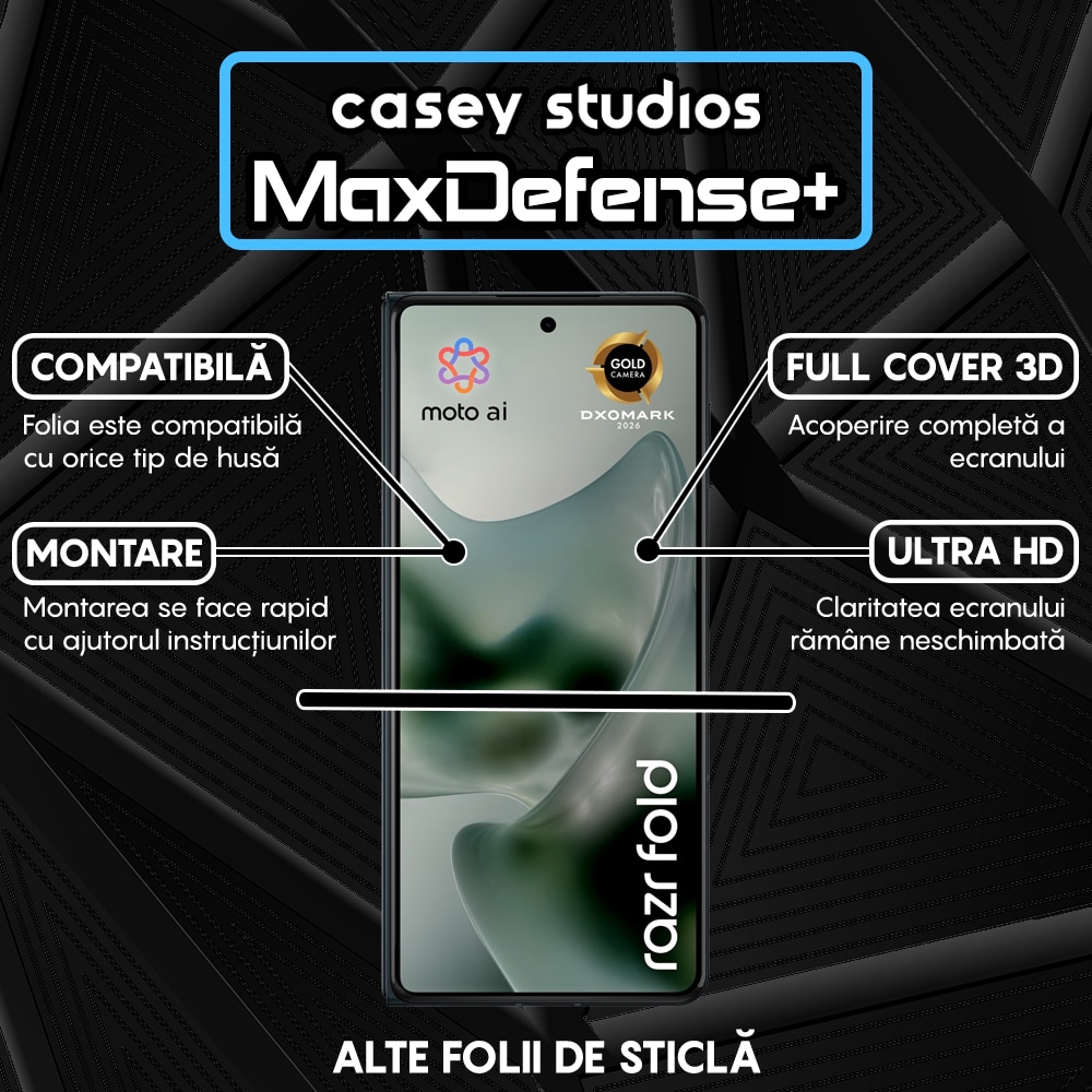 Folie Sticla CASEY STUDIOS™ compatibila cu Motorola Razr Fold, Full Cover 3D, Full Glue, Duritate Militara, Ultra HD, Anti Zgarieturi, Anti Amprente, Anti Socuri, Sticla Securizata, Protectie Profesionala Ecran, MaxDefense+, Margini Negre
