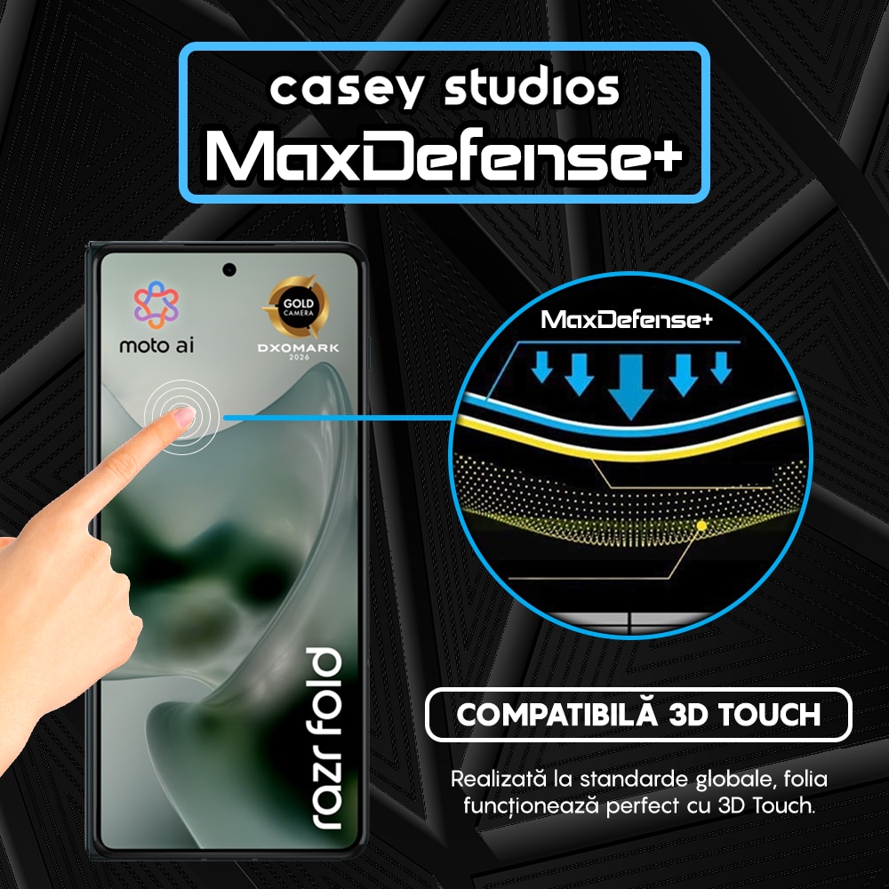 Folie Sticla CASEY STUDIOS™ compatibila cu Motorola Razr Fold, Full Cover 3D, Full Glue, Duritate Militara, Ultra HD, Anti Zgarieturi, Anti Amprente, Anti Socuri, Sticla Securizata, Protectie Profesionala Ecran, MaxDefense+, Margini Negre