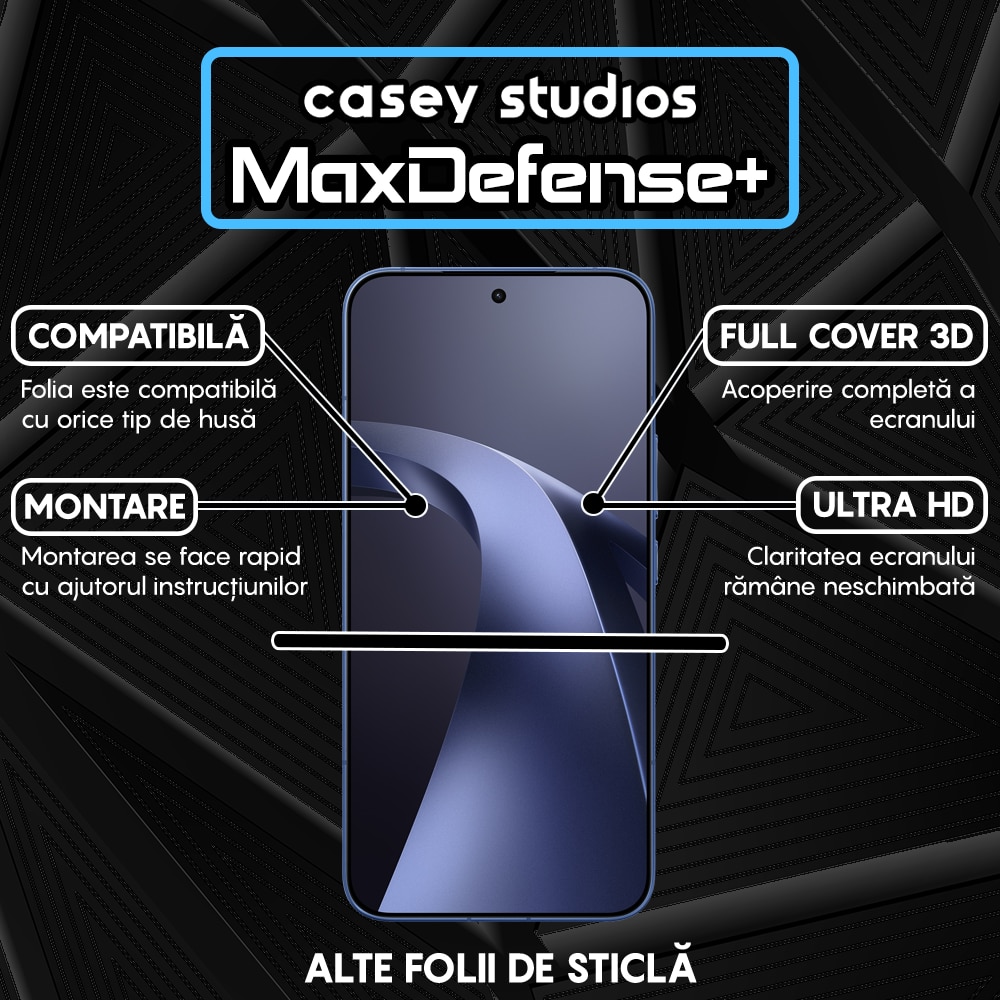 Folie Sticla CASEY STUDIOS™ compatibila cu Xiaomi 17T, Full Cover 3D, Full Glue, Duritate Militara, Ultra HD, Anti Zgarieturi, Anti Amprente, Anti Socuri, Sticla Securizata, Protectie Profesionala Ecran, MaxDefense+, Margini Negre