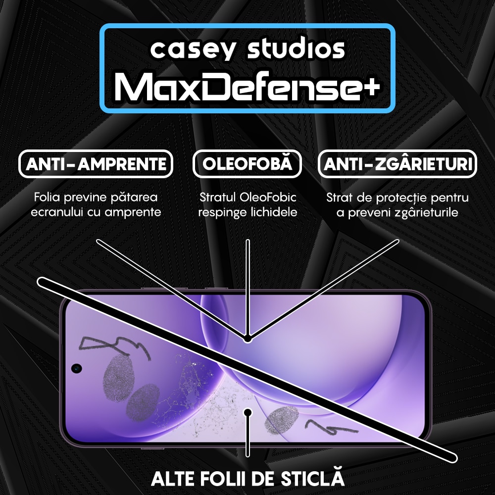 Folie Sticla CASEY STUDIOS™ compatibila cu OPPO Reno16 FS 5G, Full Cover 3D, Full Glue, Duritate Militara, Ultra HD, Anti Zgarieturi, Anti Amprente, Anti Socuri, Sticla Securizata, Protectie Profesionala Ecran, MaxDefense+, Margini Negre