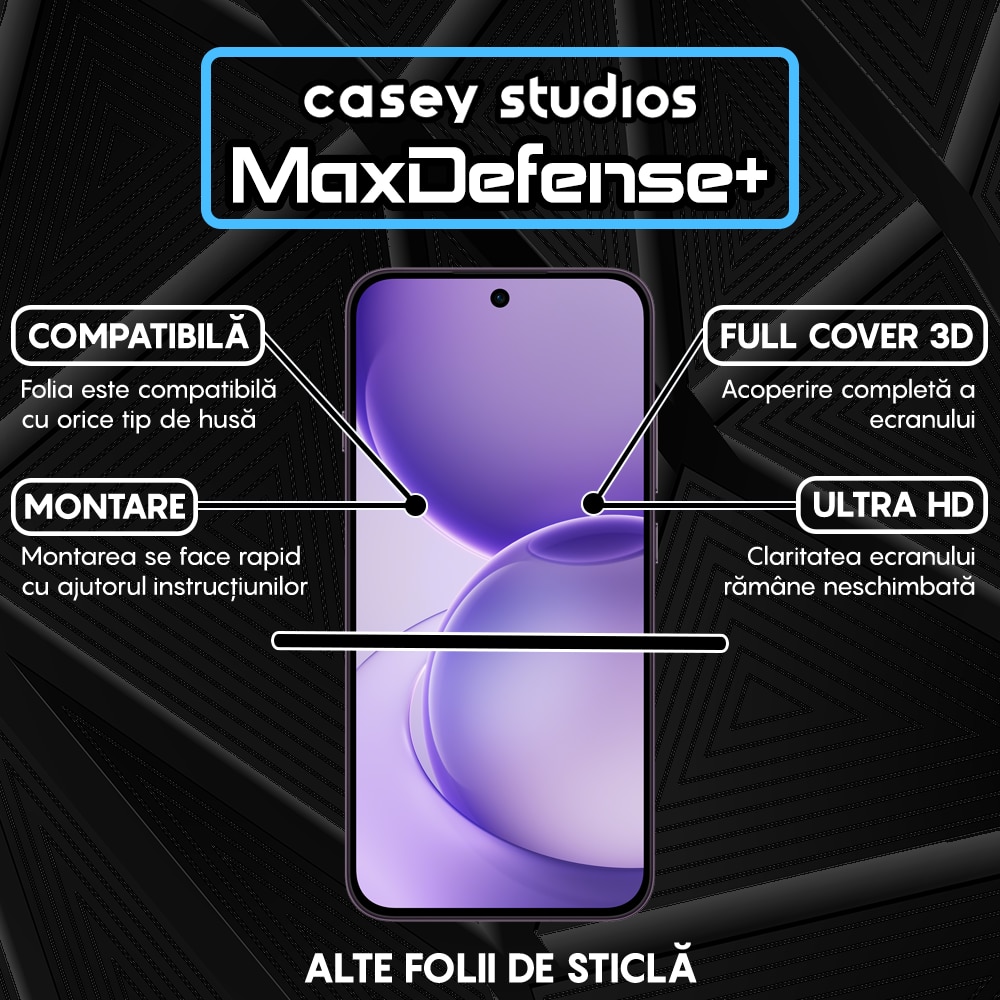 Folie Sticla CASEY STUDIOS™ compatibila cu OPPO Reno16 FS 5G, Full Cover 3D, Full Glue, Duritate Militara, Ultra HD, Anti Zgarieturi, Anti Amprente, Anti Socuri, Sticla Securizata, Protectie Profesionala Ecran, MaxDefense+, Margini Negre