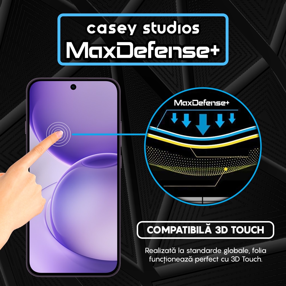 Folie Sticla CASEY STUDIOS™ compatibila cu OPPO Reno16 FS 5G, Full Cover 3D, Full Glue, Duritate Militara, Ultra HD, Anti Zgarieturi, Anti Amprente, Anti Socuri, Sticla Securizata, Protectie Profesionala Ecran, MaxDefense+, Margini Negre