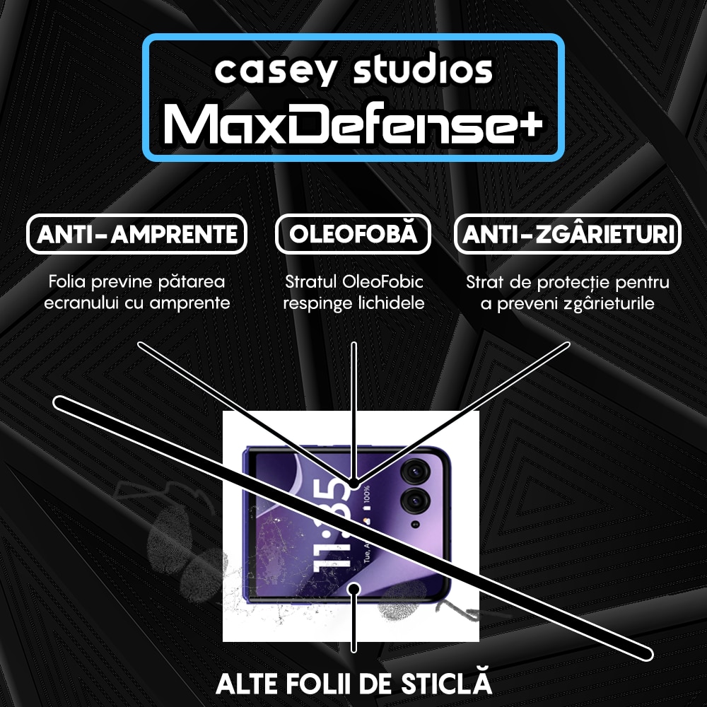 Folie Sticla CASEY STUDIOS™ compatibila cu Motorola Razr 70 Ultra, Full Cover 3D, Full Glue, Duritate Militara, Ultra HD, Anti Zgarieturi, Anti Amprente, Anti Socuri, Sticla Securizata, Protectie Profesionala Ecran, MaxDefense+, Margini Negre