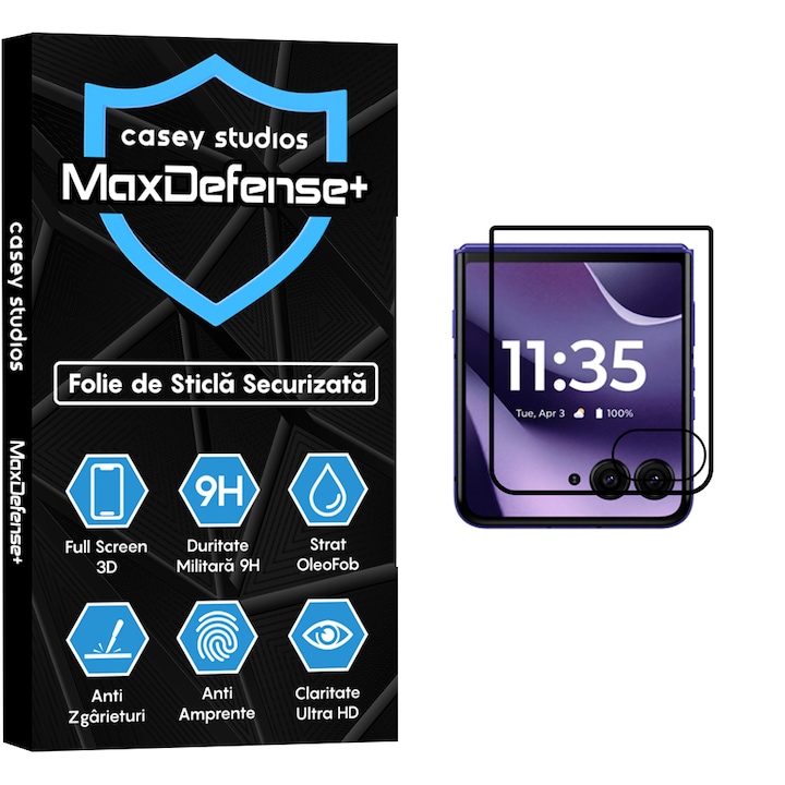 Folie Sticla CASEY STUDIOS™ compatibila cu Motorola Razr 70 Ultra, Full Cover 3D, Full Glue, Duritate Militara, Ultra HD, Anti Zgarieturi, Anti Amprente, Anti Socuri, Sticla Securizata, Protectie Profesionala Ecran, MaxDefense+, Margini Negre