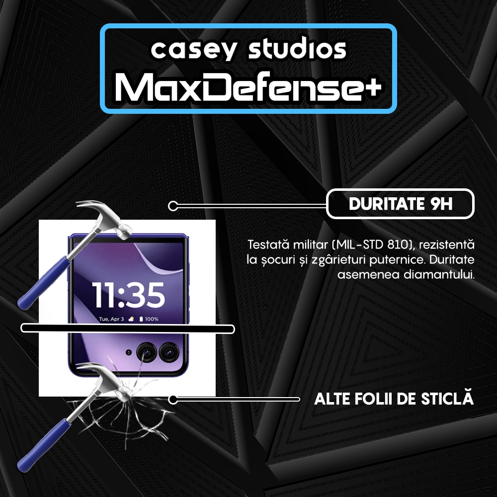 Folie Sticla CASEY STUDIOS™ compatibila cu Motorola Razr 70 Ultra, Full Cover 3D, Full Glue, Duritate Militara, Ultra HD, Anti Zgarieturi, Anti Amprente, Anti Socuri, Sticla Securizata, Protectie Profesionala Ecran, MaxDefense+, Margini Negre