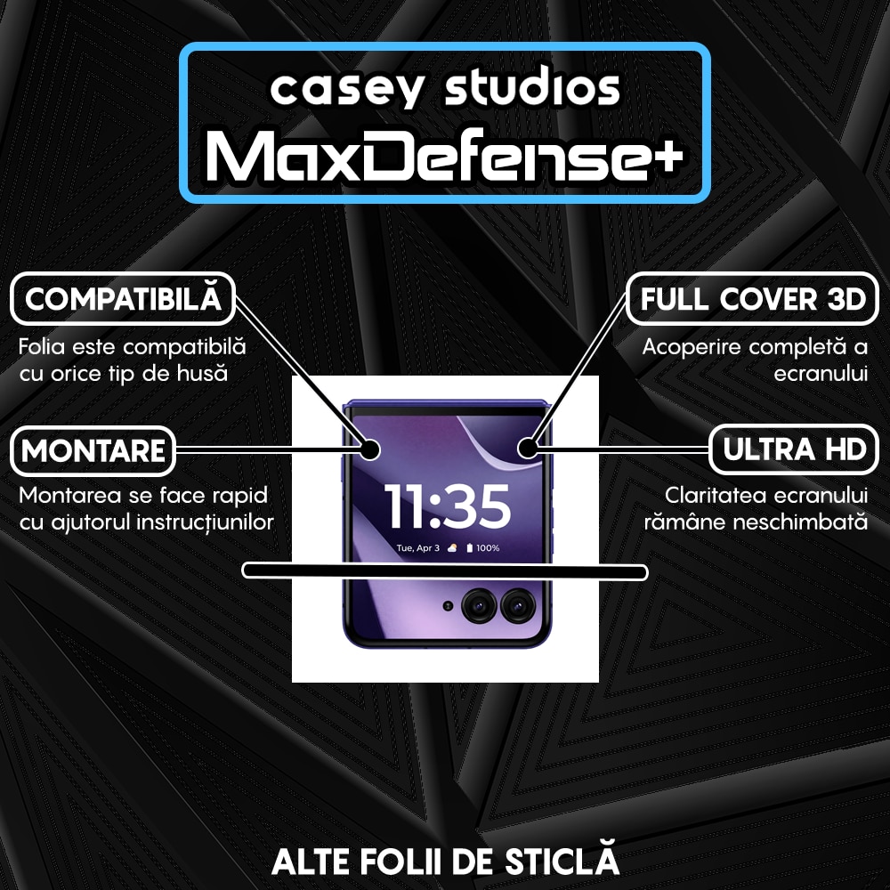 Folie Sticla CASEY STUDIOS™ compatibila cu Motorola Razr 70 Ultra, Full Cover 3D, Full Glue, Duritate Militara, Ultra HD, Anti Zgarieturi, Anti Amprente, Anti Socuri, Sticla Securizata, Protectie Profesionala Ecran, MaxDefense+, Margini Negre