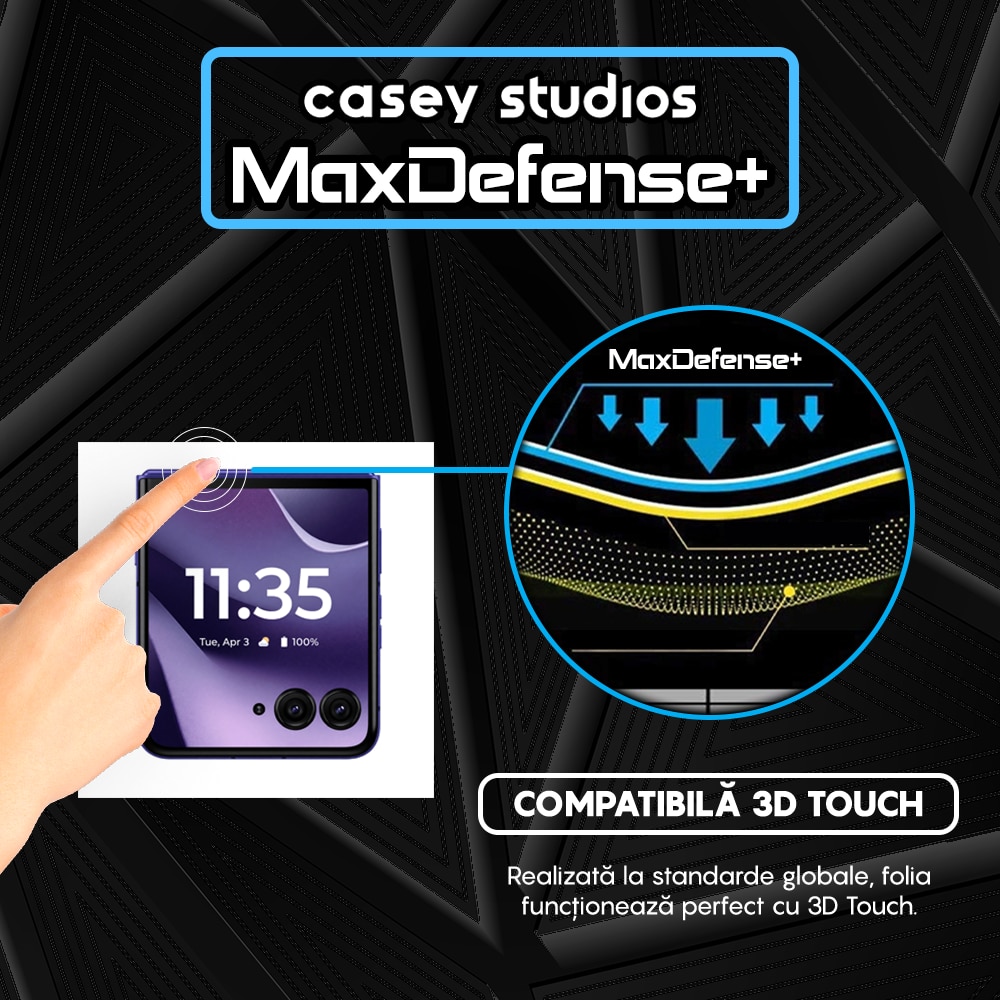 Folie Sticla CASEY STUDIOS™ compatibila cu Motorola Razr 70 Ultra, Full Cover 3D, Full Glue, Duritate Militara, Ultra HD, Anti Zgarieturi, Anti Amprente, Anti Socuri, Sticla Securizata, Protectie Profesionala Ecran, MaxDefense+, Margini Negre