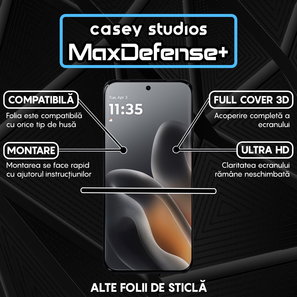Folie Sticla CASEY STUDIOS™ compatibila cu Motorola Edge 70 Fusion, Full Cover 3D, Full Glue, Duritate Militara, Ultra HD, Anti Zgarieturi, Anti Amprente, Anti Socuri, Sticla Securizata, Protectie Profesionala Ecran, MaxDefense+, Margini Negre