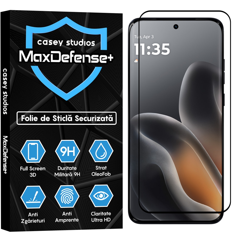 Folie Sticla CASEY STUDIOS™ compatibila cu Motorola Edge 70 Fusion, Full Cover 3D, Full Glue, Duritate Militara, Ultra HD, Anti Zgarieturi, Anti Amprente, Anti Socuri, Sticla Securizata, Protectie Profesionala Ecran, MaxDefense+, Margini Negre